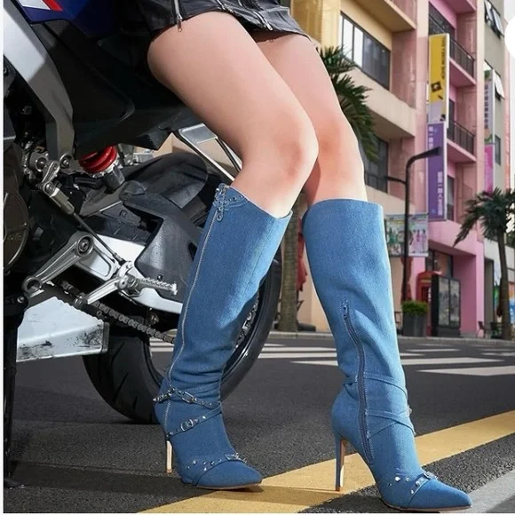 Lala Ikai | Shoes | Lala Ikai Womens 9 Blue Jean Pointy Toe High Boots  Zipper Stiletto Knee Boots | Poshmark